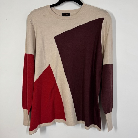 EXUS Beige Red Colorblock Geometric Sweater Size XL Modern Long Sleeve Knit - Picture 2 of 15
